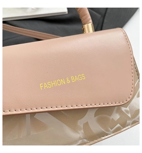 Macro detail of nude pink flap bag featuring bold yellow Fashion & Bags lettering