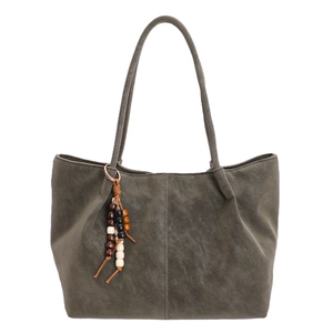 Retro graue Shopper Tasche aus Leder mit langem Schultergurt und Perlenanhänger