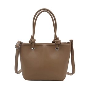 Retro brown PU leather bucket bag with knotted handle and adjustable strap for women