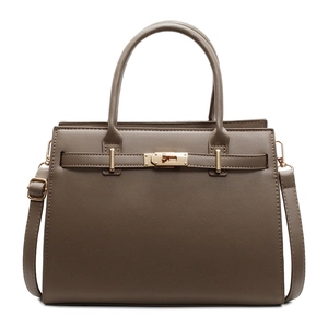 Classic brown Saffiano leather handbag with top handle and gold metal lock detail