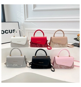 Group view of six colors of stylish crossbody bags with asymmetrical flap design