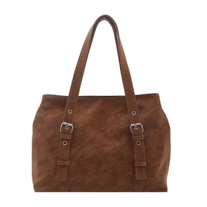 Retro brown tote bag with vintage leather texture and silver buckle straps on white background