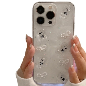 Coque iPhone scintillante avec ours en résine 3D et décoration de nœud en perles