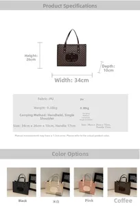 Detailed size chart and four color options for the printed PU leather tote bag
