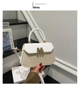Detail of color-block crossbody bag featuring woven texture and gold M-shaped metal buckle