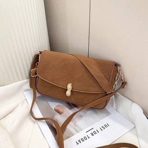 Retro brown PU leather baguette shoulder bag with unique golden peanut clasp detail