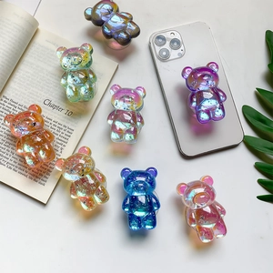 3D Bear Phone Grip Stand Iridescent Resin Silver Foil Glitter Retractable Foldable Adhesive Bracket Universal