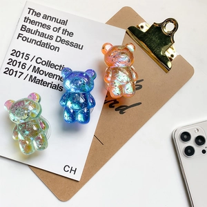 3D bear phone socket grip in colorful resin with glitter, retractable stand for desk