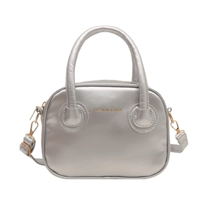 Metallic silver mini square handbag with top handle and adjustable shoulder strap