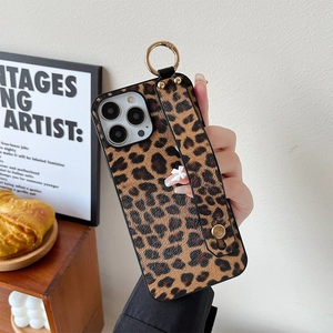 Leopard print phone case with wrist strap and metal ring for Samsung S Series
