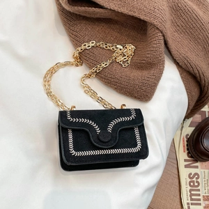Fashionable black matte crossbody bag with white embroidery and chunky gold chain strap