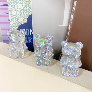 Three holographic bear-shaped folding cell phone stands with glitter and laser finish