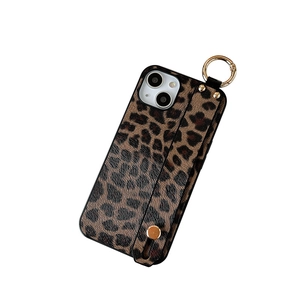 Leopard print iPhone case with integrated wrist strap and gold metal ring stand