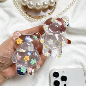 Floral bear phone grip stand made of transparent acrylic with colorful flower patterns