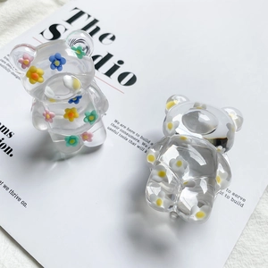 Detail of floral bear phone grip showing clear acrylic texture and cute flower patterns