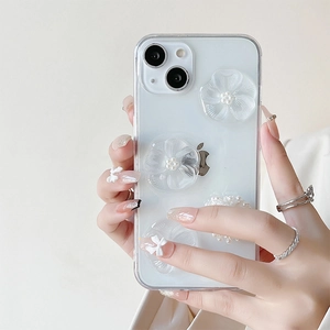 Coque iPhone transparente avec motifs floraux 3D blancs et perles à la main