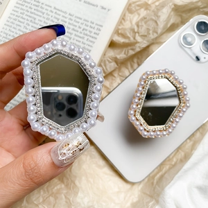 Supporto Per Telefono Airbag Pieghevole Specchio Da Trucco Perla Artificial Strass Retrattile Supporto Mobile Impugnatura Per Donna