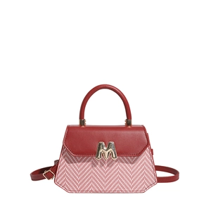 Chic red leather and plaid patchwork mini handbag with M metal buckle and top handle