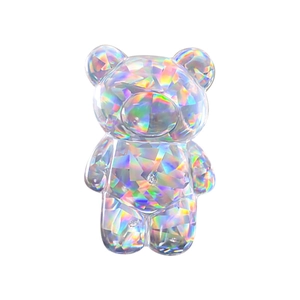 Holographic bear phone stand with faceted crystal finish and stable retractable support