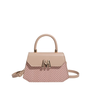 Borsa a mano in tweed rosa e beige con chiusura dorata a M e manici in pelle beige