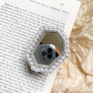 Supporto per telefono esagonale con perle e strass e specchio da trucco portatile chic