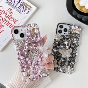 Luxury rhinestone floral case for Samsung S22 with pearl accents and beaded strap