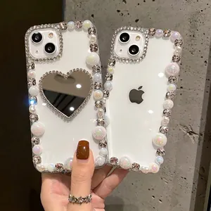 Luxury Acrylic Heart Mirror Smartphone Case Handmade Rhinestone Faux Artificial Pearl Transparent Sparkling Protection Cover