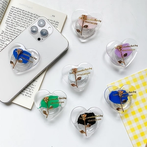 Heart Shaped Phone Grip Stand Transparent Acrylic Gold Metal Rose Retractable Adhesive Aesthetic Romantic Holder