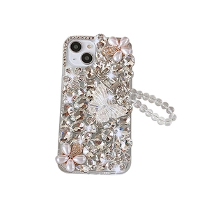 Luxury rhinestone phone case with pink pearl flowers and a butterfly for Samsung S22