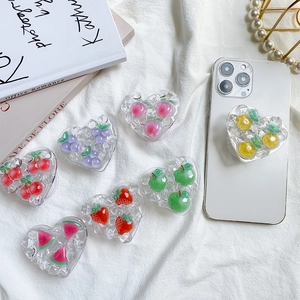 Cute fruit-shaped heart phone grip stand with translucent ice texture in various fruit styles