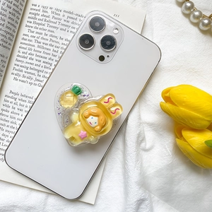 Cute heart-shaped phone griptok with bunny girl and pineapple on white smartphone