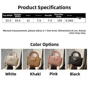 Quilted crossbody bag specification chart with dimensions for white, khaki, pink, black colors