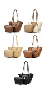 Détails de l'ensemble sac cabas 2-en-1 en cuir marron, abricot, kaki et noir sur fond blanc