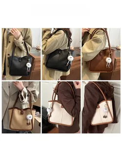 Collage of leather tote bags in black brown khaki and white with plush charms