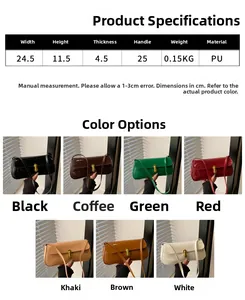 Detailed size chart and multi-color collage of glossy PU leather shoulder bags