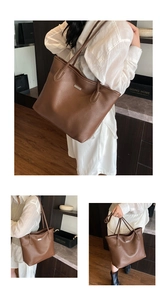 Détail du grand sac cabas en cuir marron à texture litchi avec de longues anses d'épaule