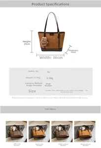 Detailed technical chart of the PU leather tote bag with size measurements and colors