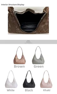 Dettaglio dello scomparto interno e collezione multicolore di borse sottobraccio hobo