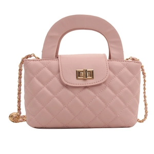Pink quilted shoulder bag with chain strap and gold hardware in minimalist French style