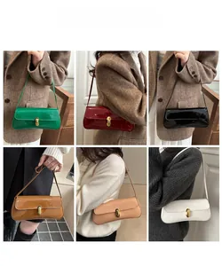 Collage of model wearing various colors of minimalist glossy patent leather baguette bags