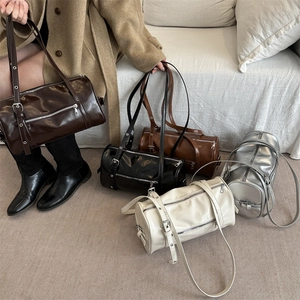 Women PU Leather Barrel Shoulder Bag Retro Boston Crossbody Handbag With Adjustable Strap Zipper Pocket Minimalist Fashion