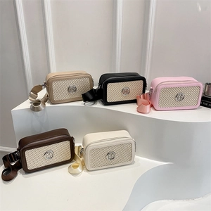 Retro Women Crossbody Bag Woven PU Leather Patchwork Small Square Shoulder Bag Wide Strap Metal M Logo Stylish Fashion