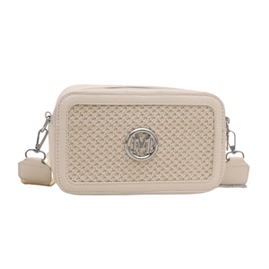 Retro cream beige woven crossbody bag with metallic M logo and leather trim for women