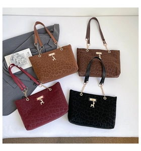 Detail view of leopard print tote bags in four colors with gold chain straps