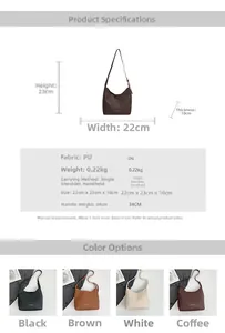 Detailed dimension guide and color options for the matte PU shoulder and handbag