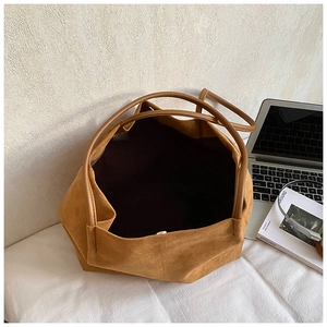 Minimalist caramel suede large capacity tote bag with round handles and hexagonal base
