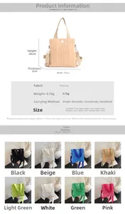 Detailed size chart for corduroy mini tote showing 20x19x2cm dimensions and color options
