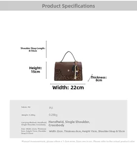 Detailed view of leopard print handbag with dimensions 22x15x8cm and wood bead tassel