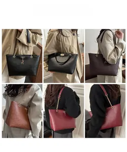 Collage of chic tote bags in four colors with chain straps and gold deer charms