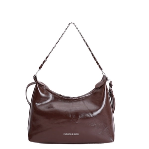 Dark brown oil wax leather Hobo bag with chain strap and fashion logo print